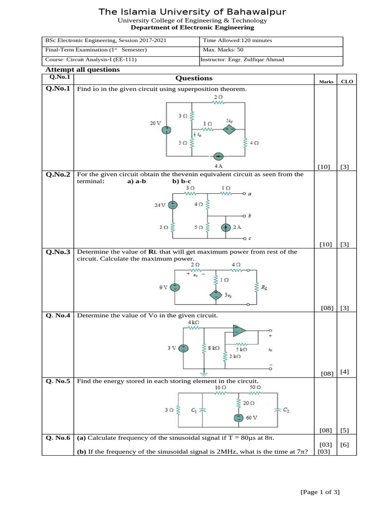 Circuit 1 Finalterm Paper | PDF | Electronic Engineering | Teaching ...