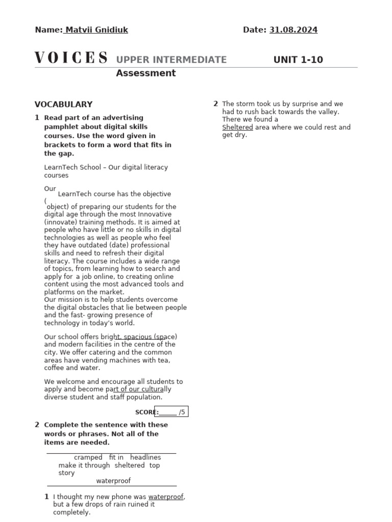 Voices Upper Int U01-10 End Course Test | PDF