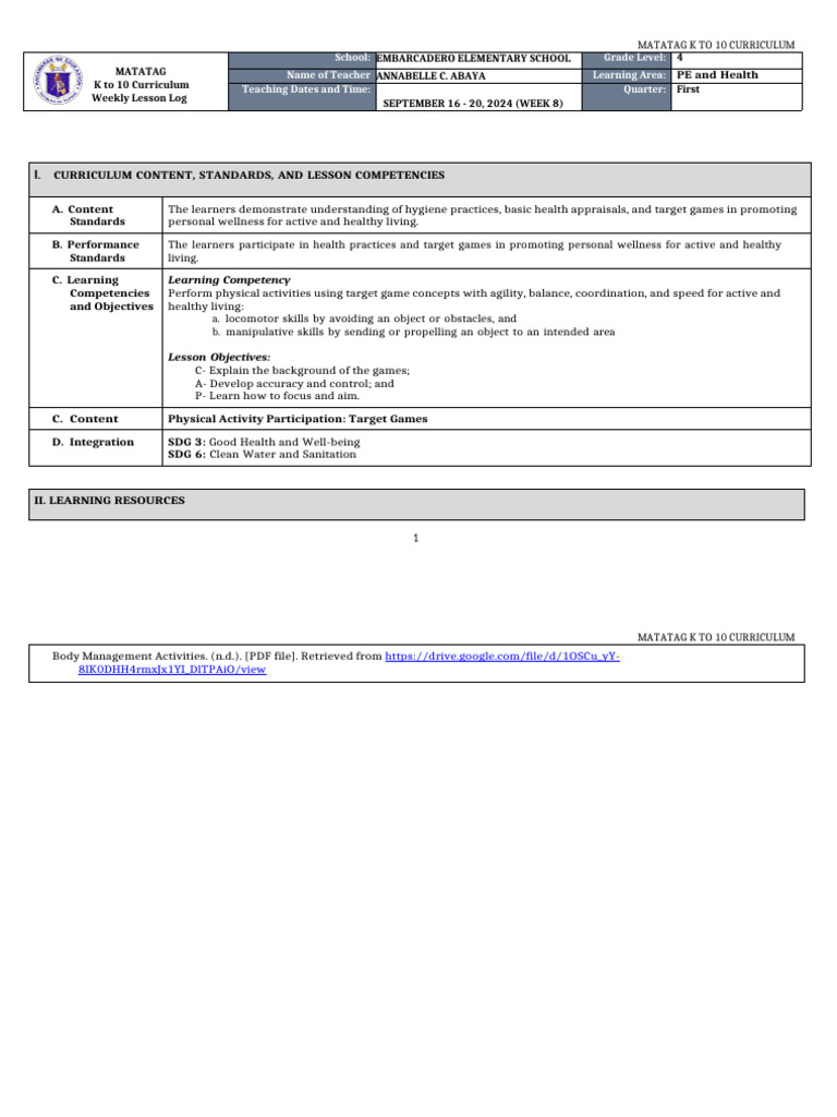 DLL Matatag - Pe & Health 4 Q1 Week 7-8 | PDF
