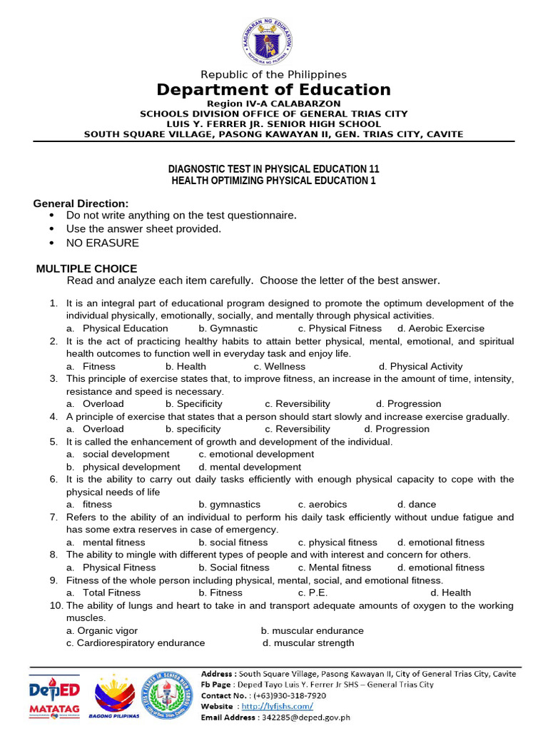Diagnostic Test for Physical Education 11 | PDF | Physical Fitness ...