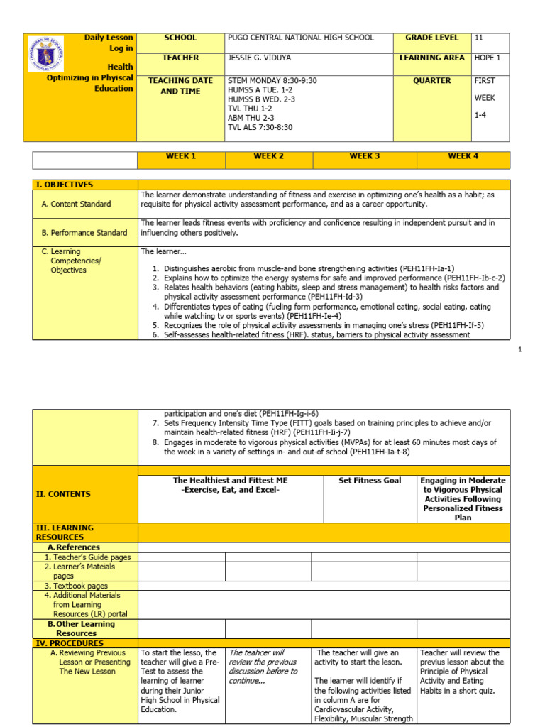 Hope 1 Week 1-4 DLL | PDF | Learning | Physical Fitness
