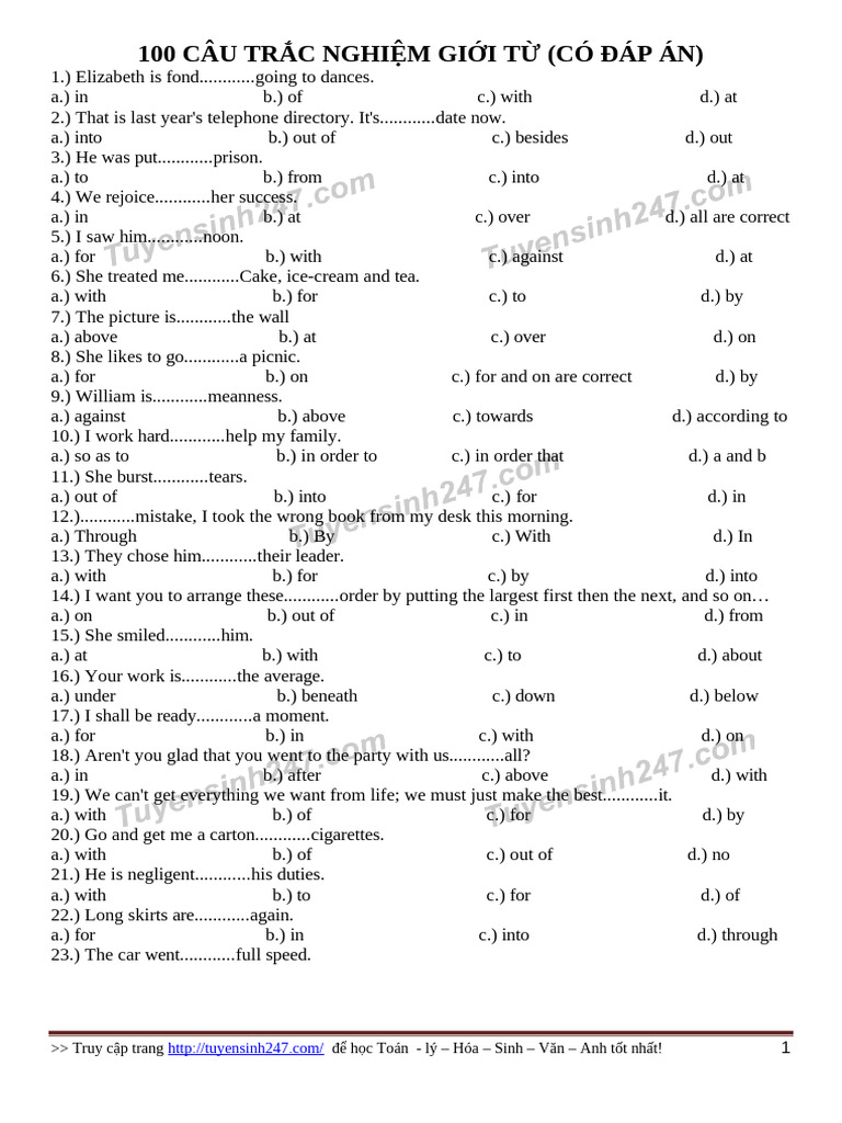 100 Cau Trac Nghiem Ve Gioi Tu Co Dap An | PDF