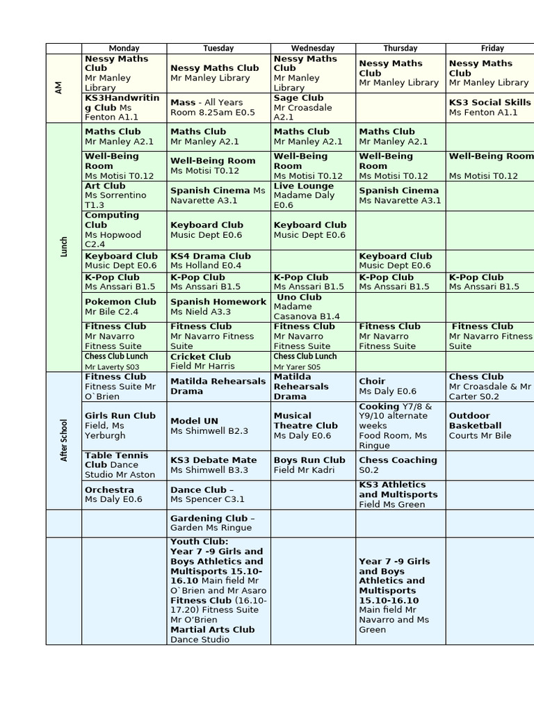 Club Timetable Summer Update | PDF