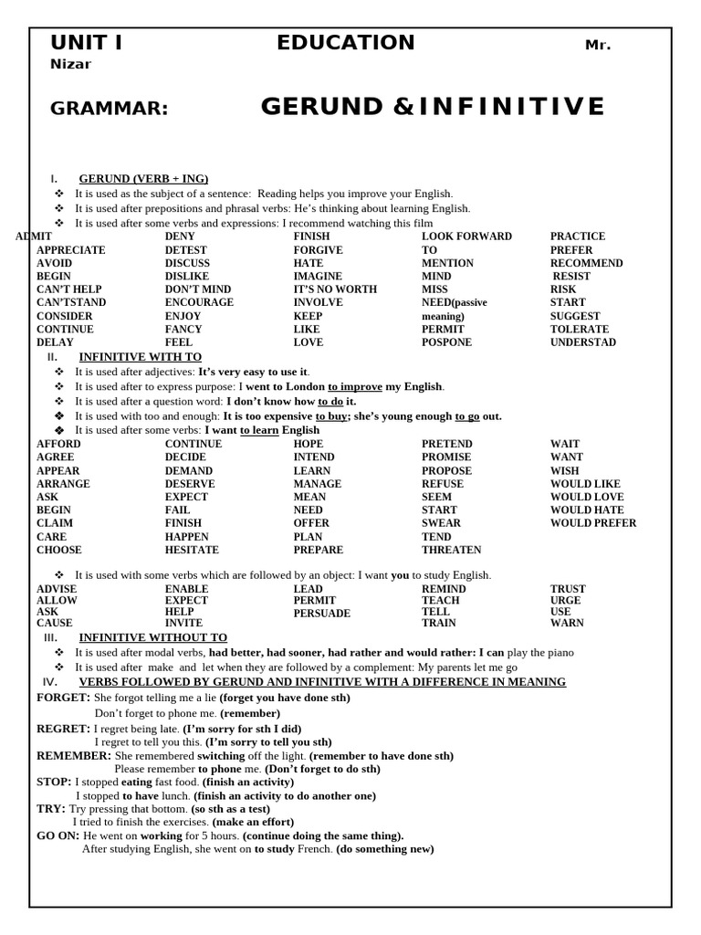 Gerund and Infinitive Class Sheet | PDF