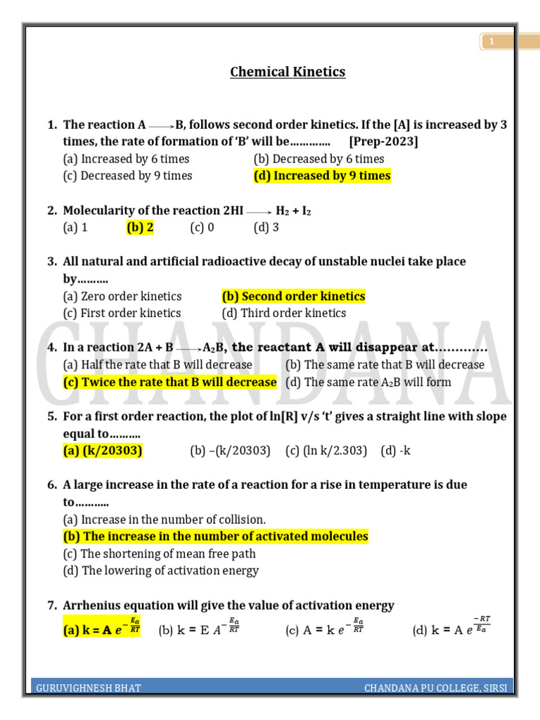 Chemical Kinetics MCQs | PDF
