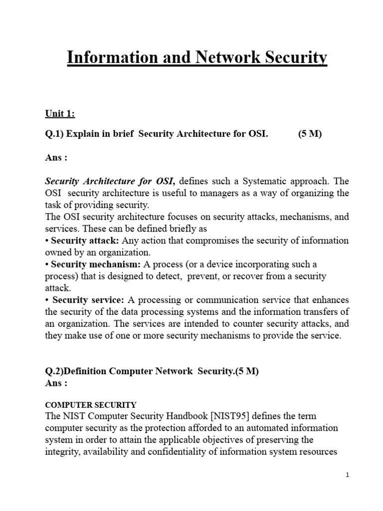 Information and Network Security - Unit1 | PDF