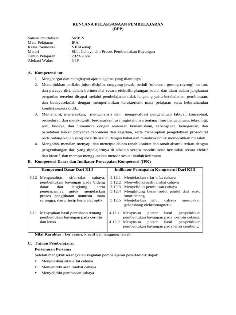 Rencana Pelaksanaan Pembelajaran (RPP) | PDF