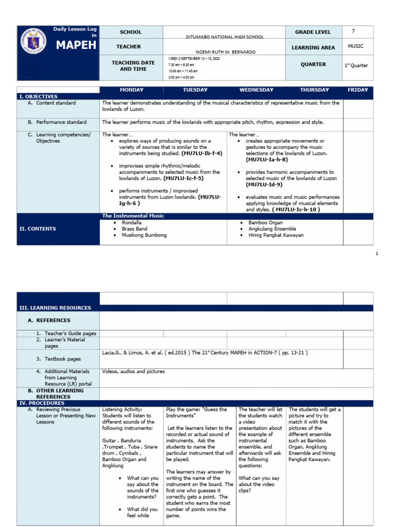 Grade 7 MAPEH Music Lesson Plan | PDF | Musical Instruments ...
