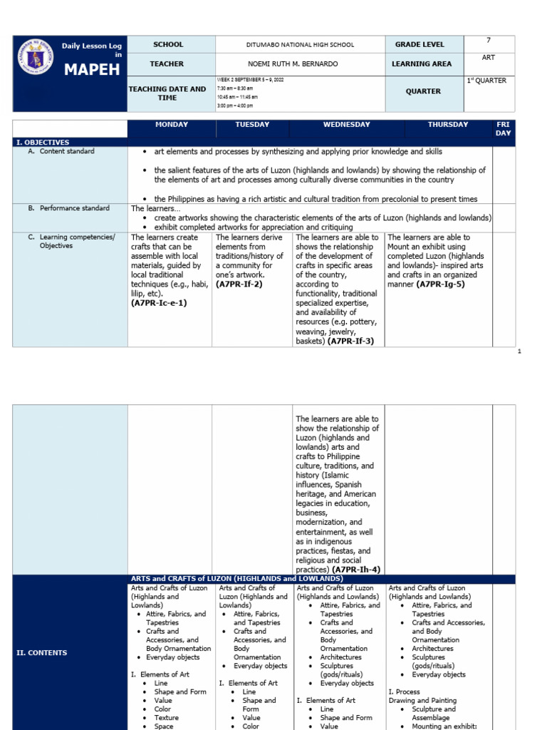 Q1 Grade 7 ARTS DLL Week 2 PDF | PDF | Traditions | Teachers