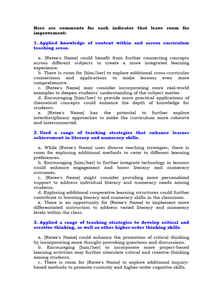 Observation Notes - Comments For Improvement | PDF
