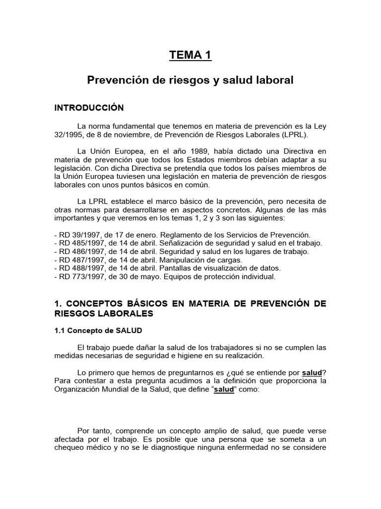 Tema 1. Prevención de Riesgos y Salud Laboral | PDF