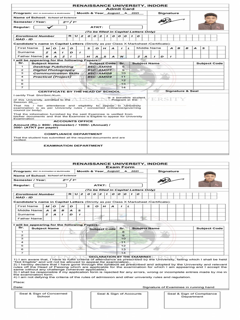 Sohail Zaidi (Exam Form) | PDF