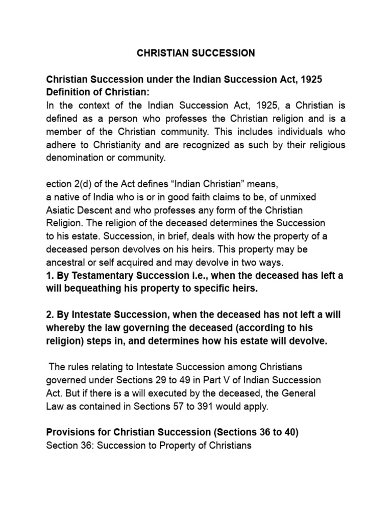 Christian Succession - Notes | PDF | Intestacy | Widow