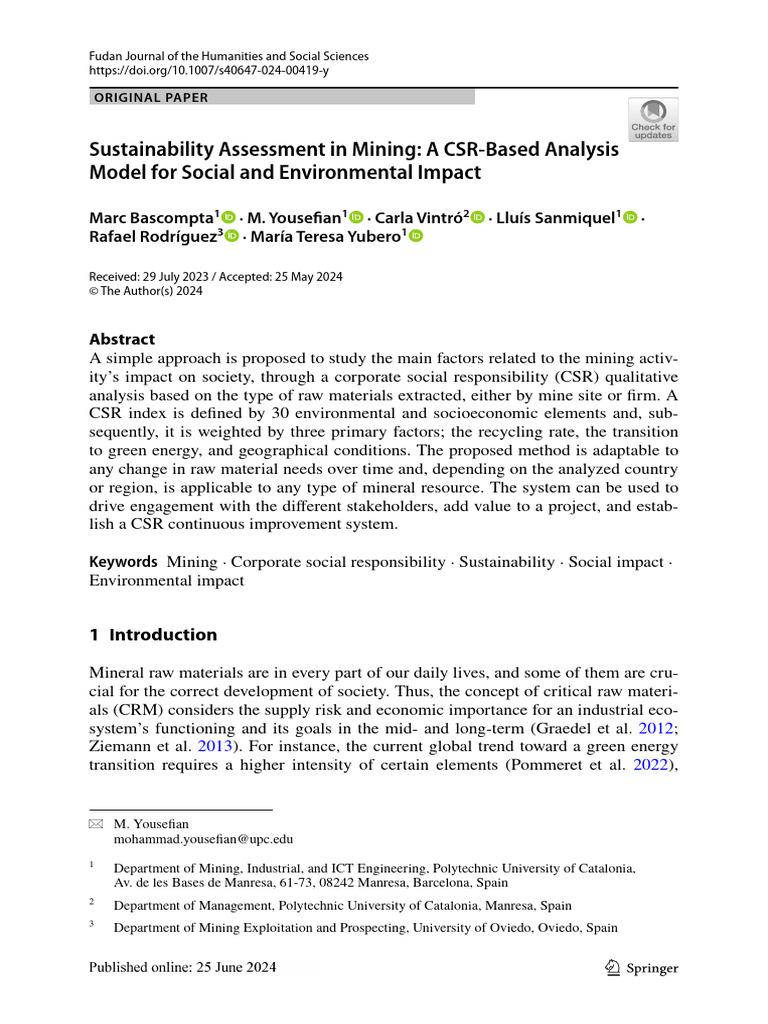 Sustainability Assessment in Mining: A CSR Based Analysis Model For ...
