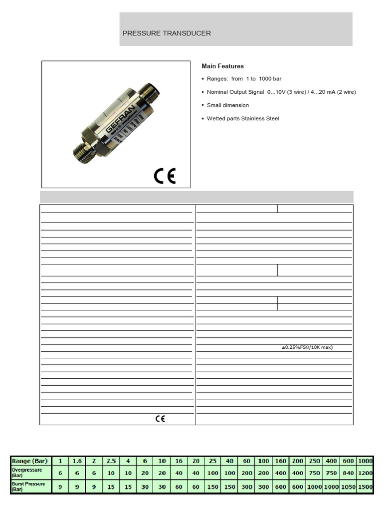 Pressure Transducer: Technical Data | PDF