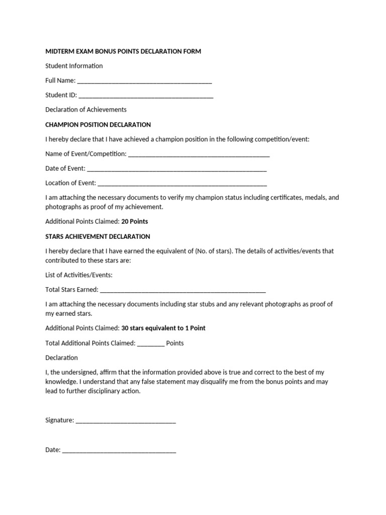 Midterm Exam Bonus Points Declaration Form | PDF
