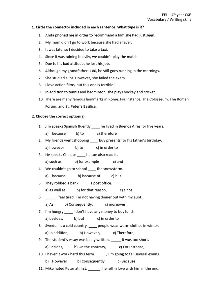 Linkers and Connectors Exercises 4 ESO | PDF