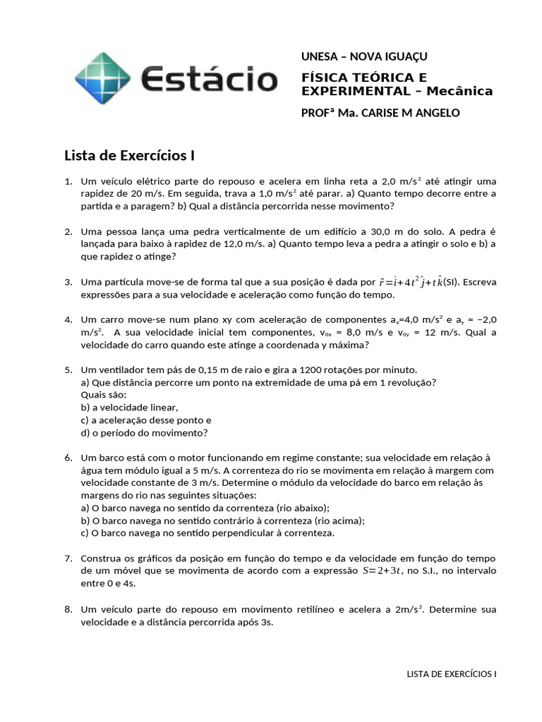 Lista de Exercícios I - Física I | PDF