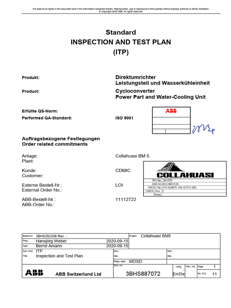 Standard Inspection and Test Plan (ITP) | PDF