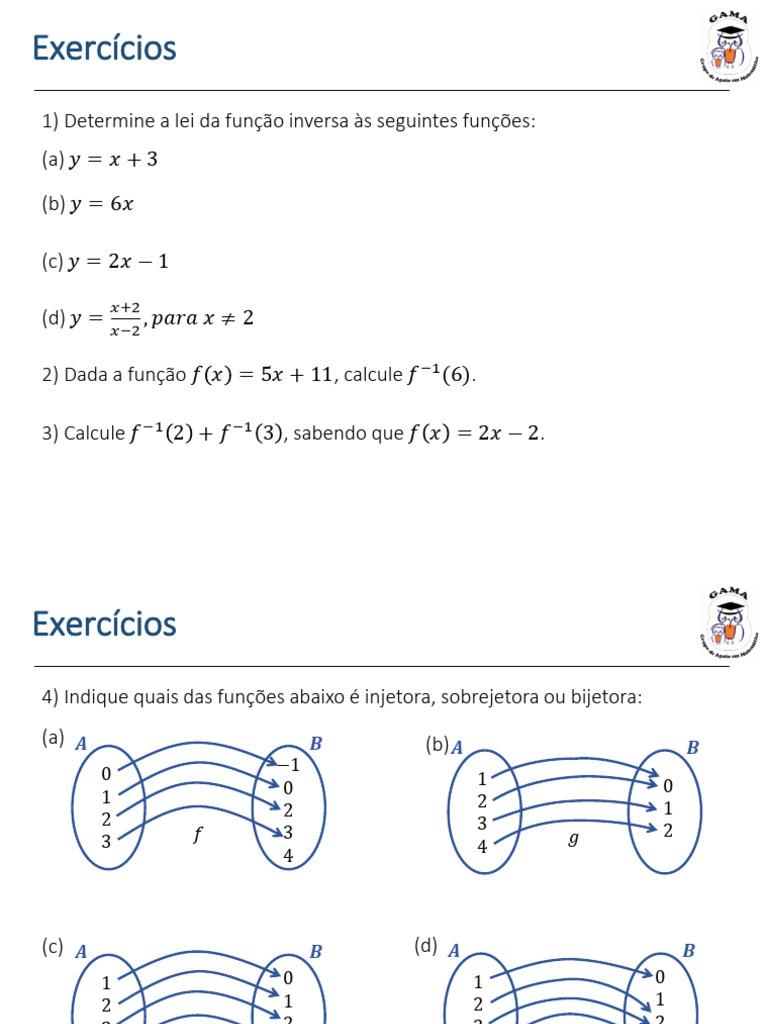 Lista 03 - Função Inversa, Funções Injetoras, Sobrejetoras e Bijetoras ...
