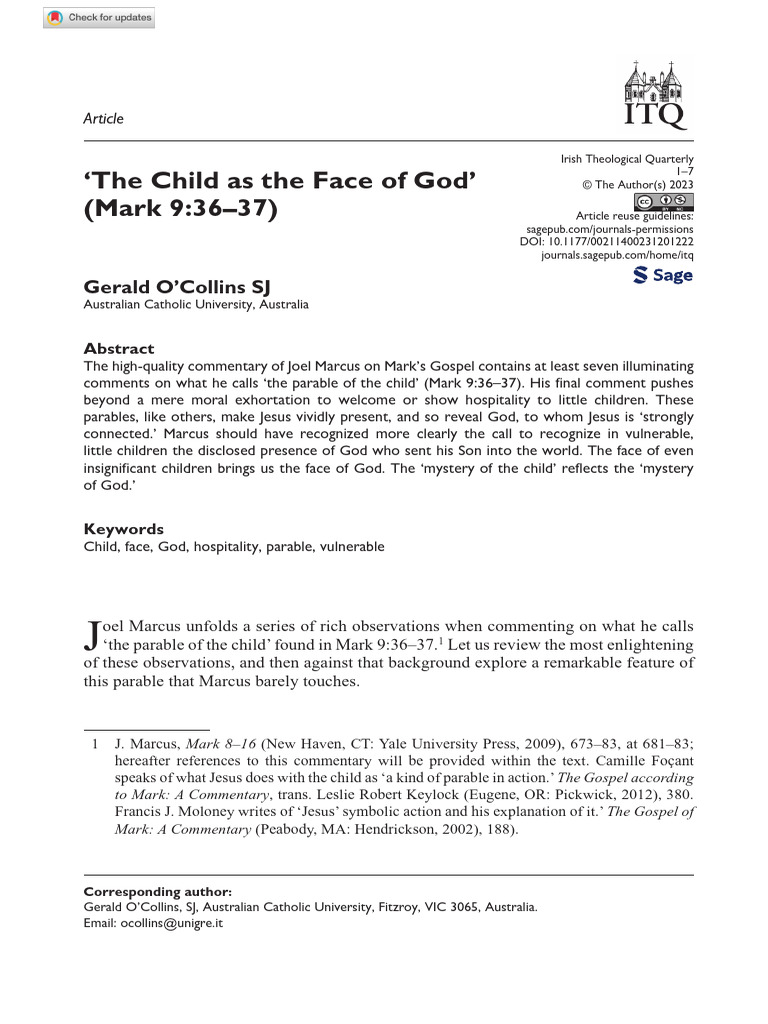O Collins 2023 The Child As The Face of God Mark 9 36 37 | PDF