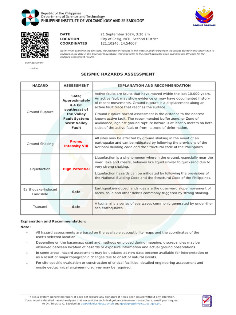 Pasig City Geohazard Assessment Report | PDF | Volcano | Types Of ...
