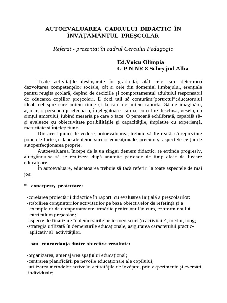 Referat - Prezentat În Cadrul Cercului Pedagogic: Autoevaluarea ...