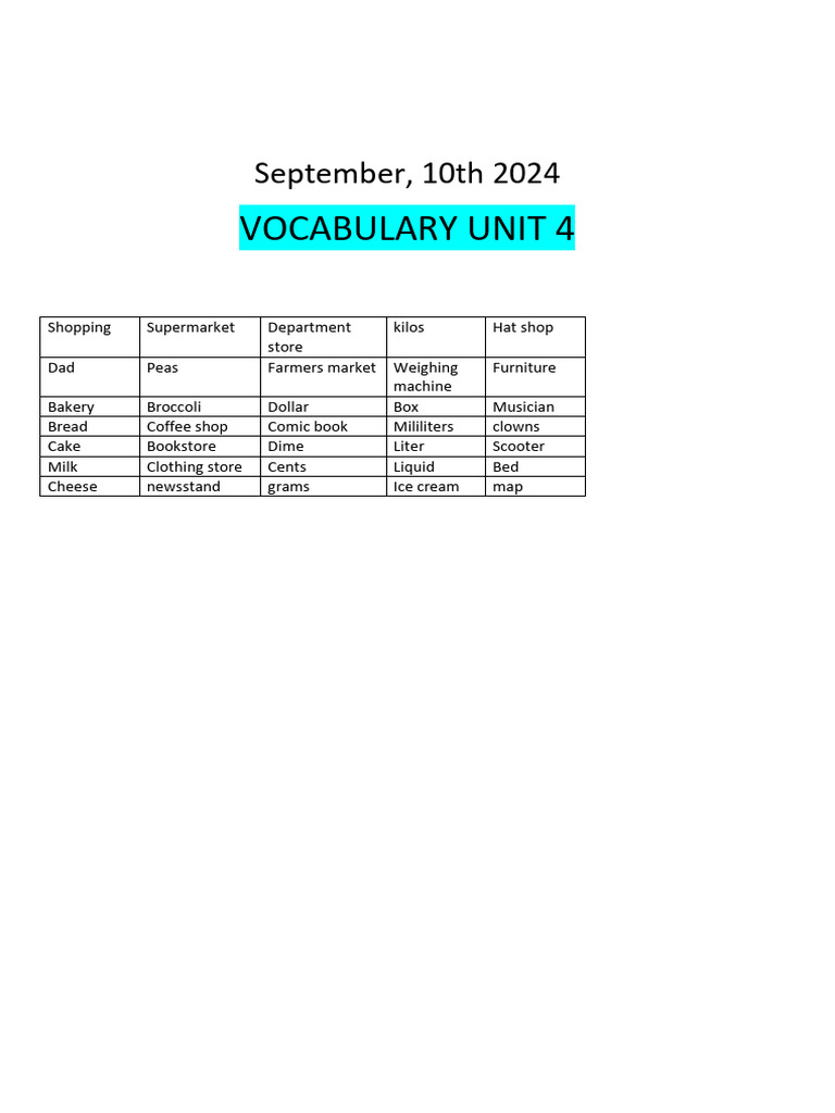 Vocabulary Unit 4 Pdf