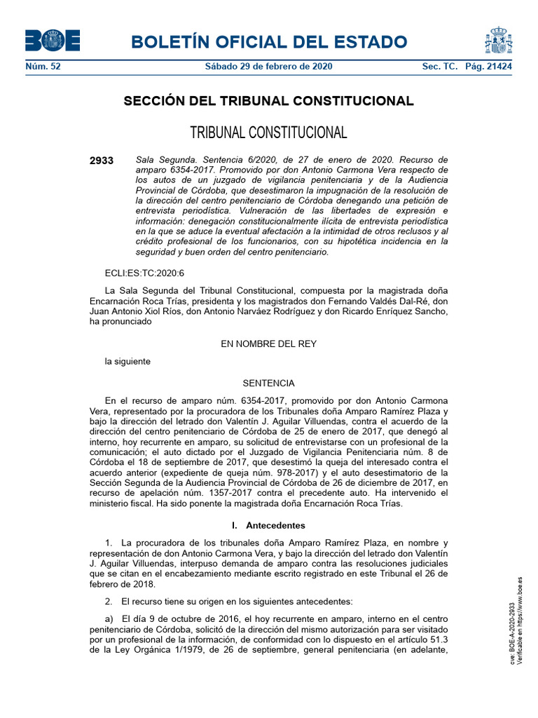 STC 6-2020 Libertad Expresion Reclusos | PDF