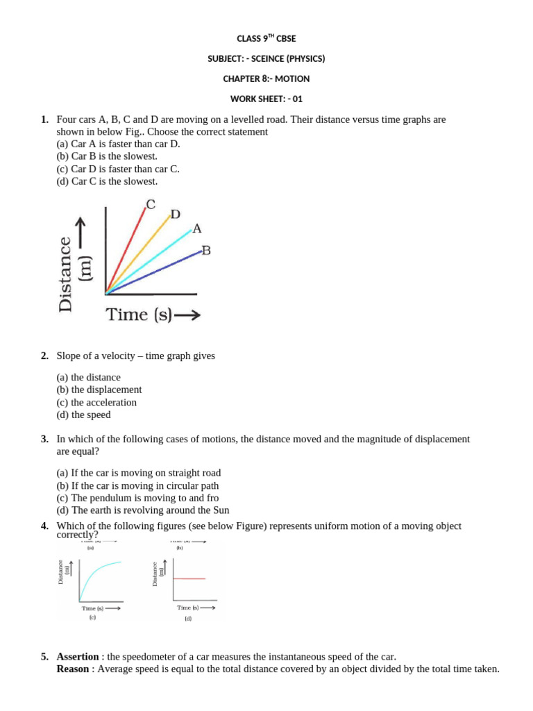 Work Sheet - 1 - (CH 8 - Motion - 9 Cbse) | PDF