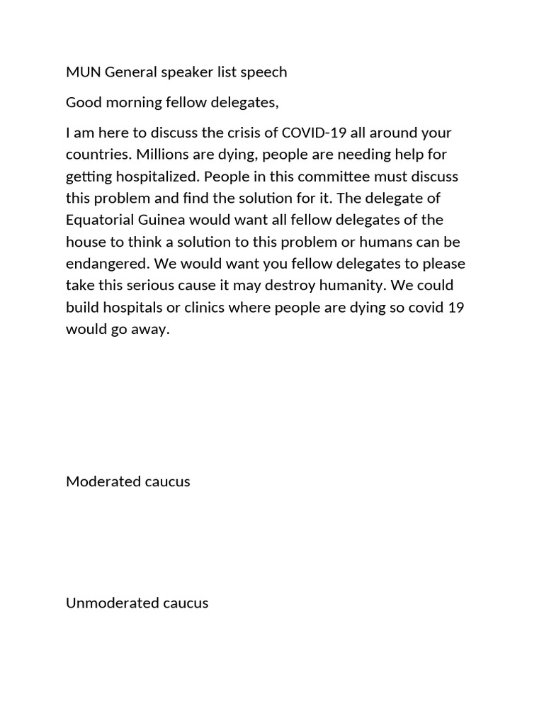 MUN General Speaker List Speech PDF