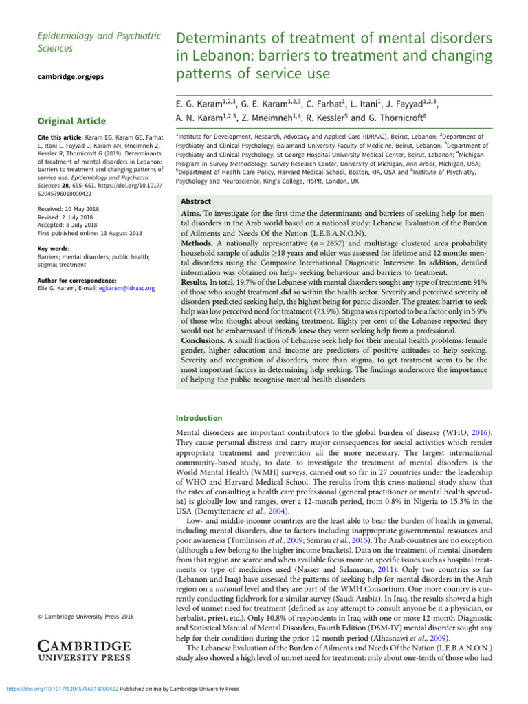 Determinants of Treatment of Mental Disorders in Lebanon | PDF