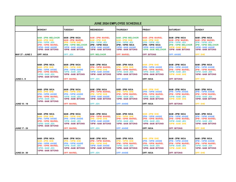 Employee Schedule June 2024 | PDF