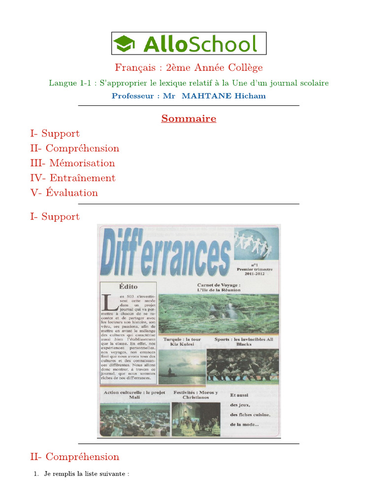 Langue 1 1 S Approprier Le Lexique Relatif A La Une D Un Journal ...