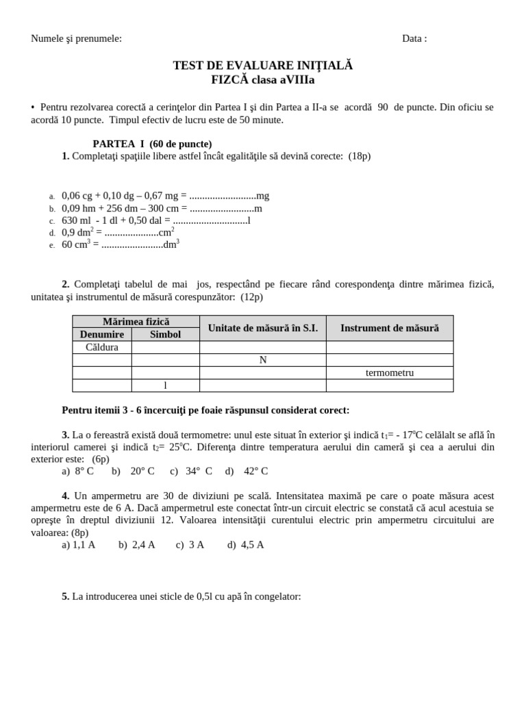 Test Inițial Fizică Cls 8 | PDF
