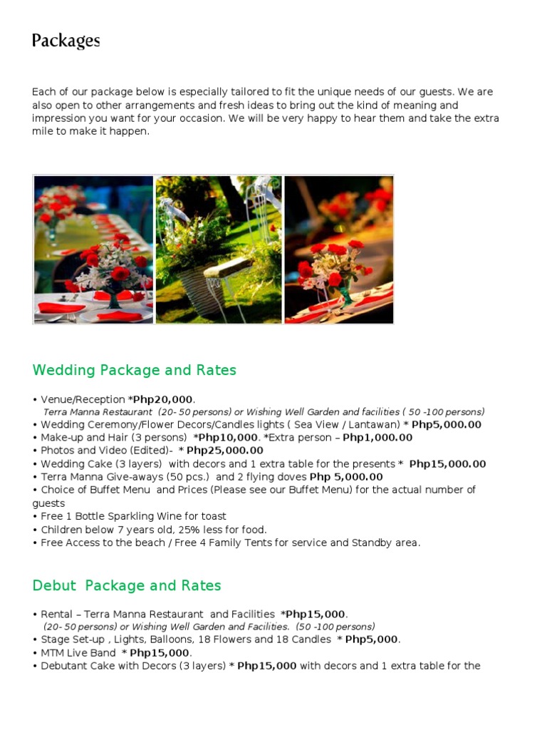 Terra Manna Wedding Packages & Rates | PDF
