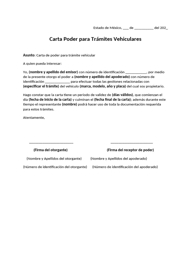 Carta Poder para Tramites Vehiculares EDOMEX | PDF
