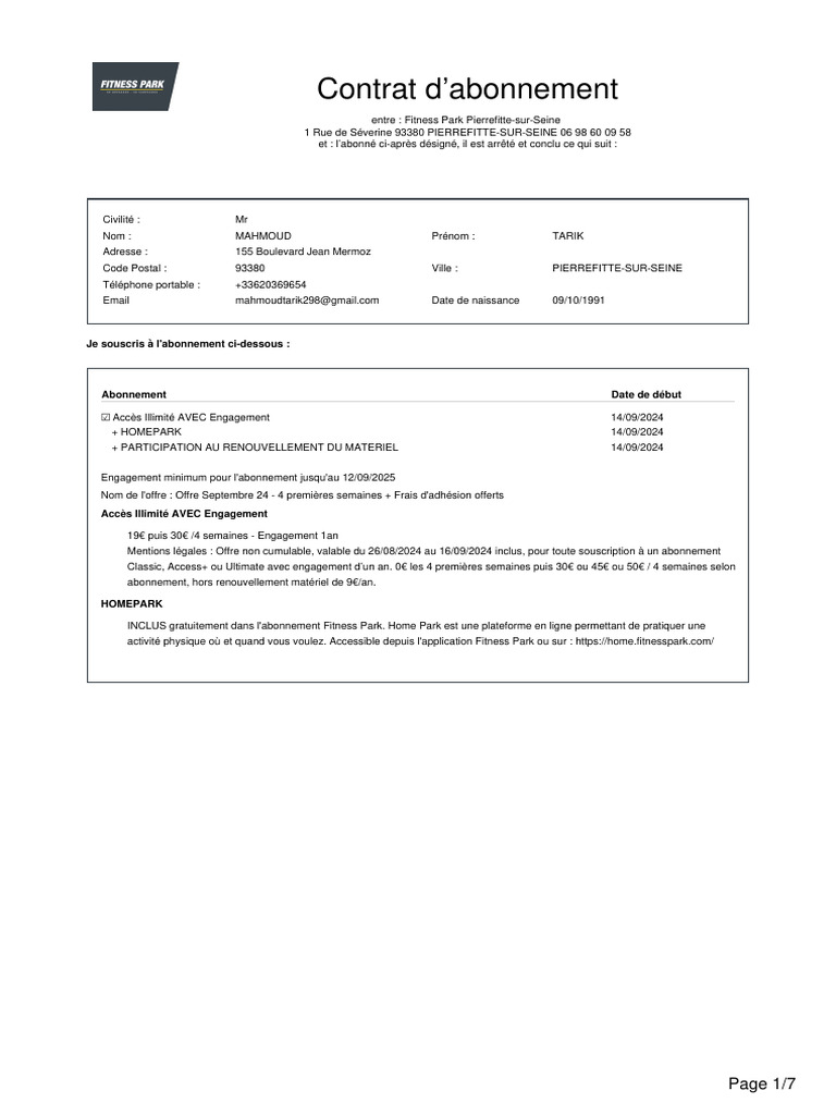Contrat Fitness Park | PDF