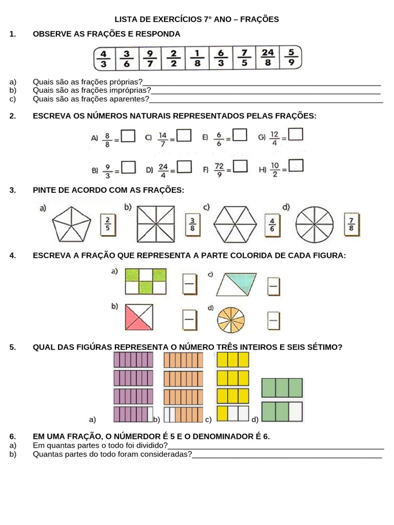 LISTA DE EXERCÍCIOS - Frações | PDF