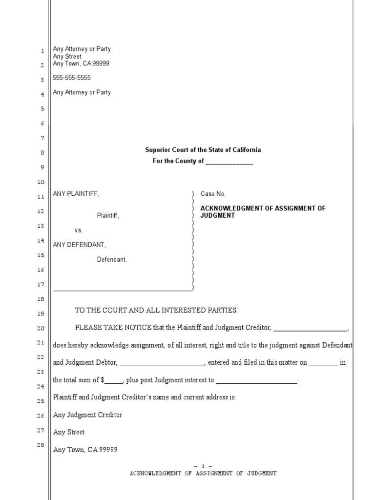 acknowledgement of assignment of judgment california