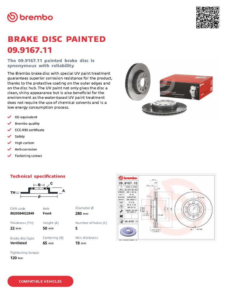Brembo Dischi Freno Anteriore (Set Di 2) - Verniciatura UV, Diametro 280 Mm, Per Auto
