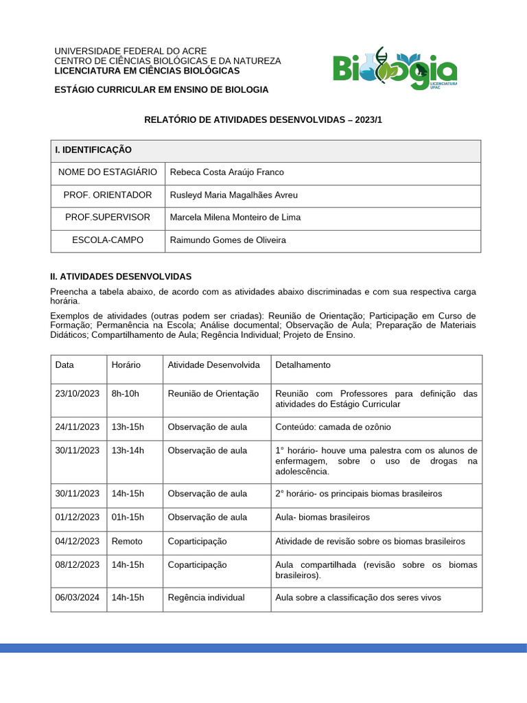 Relatório de Atividades Desenvolvidas | PDF