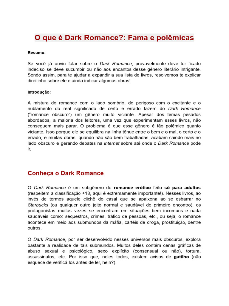 O Que É Dark Romance?: Fama e Polêmicas | PDF