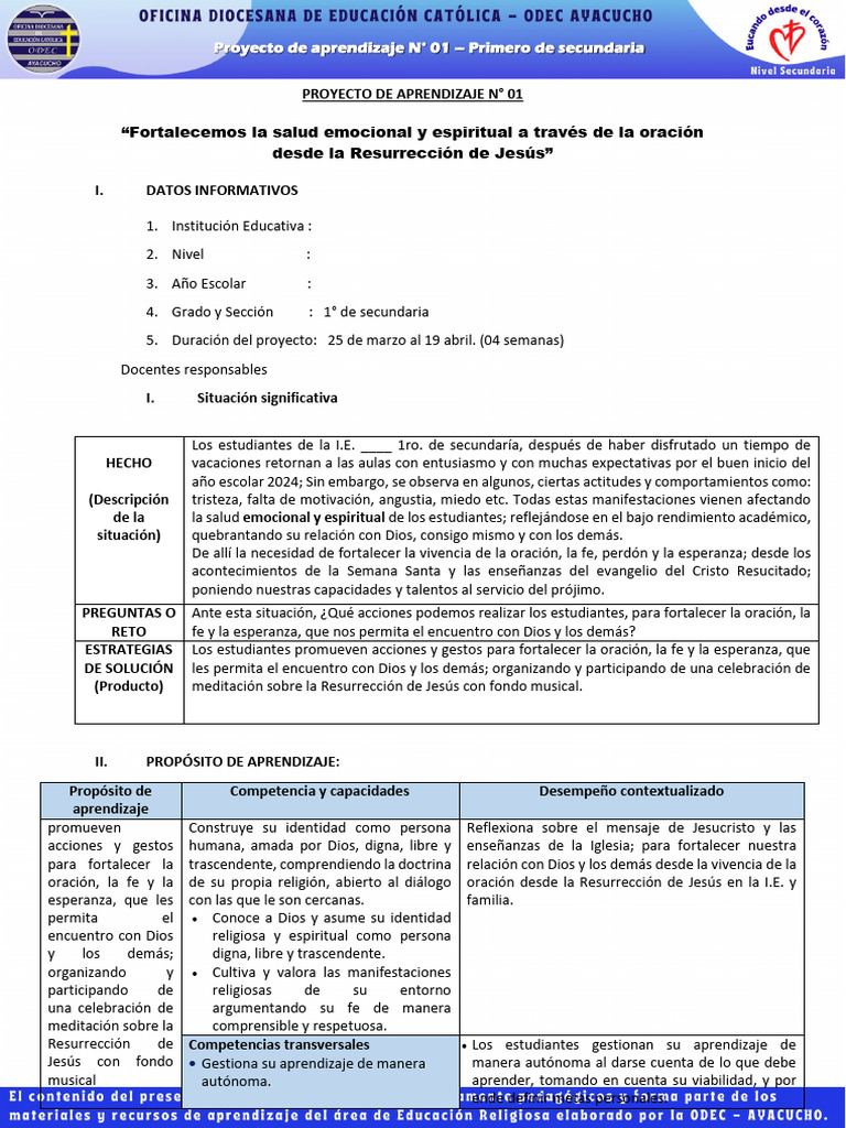Proyecto de Aprendizaje #01 - Primer Grado | PDF | Oración ...