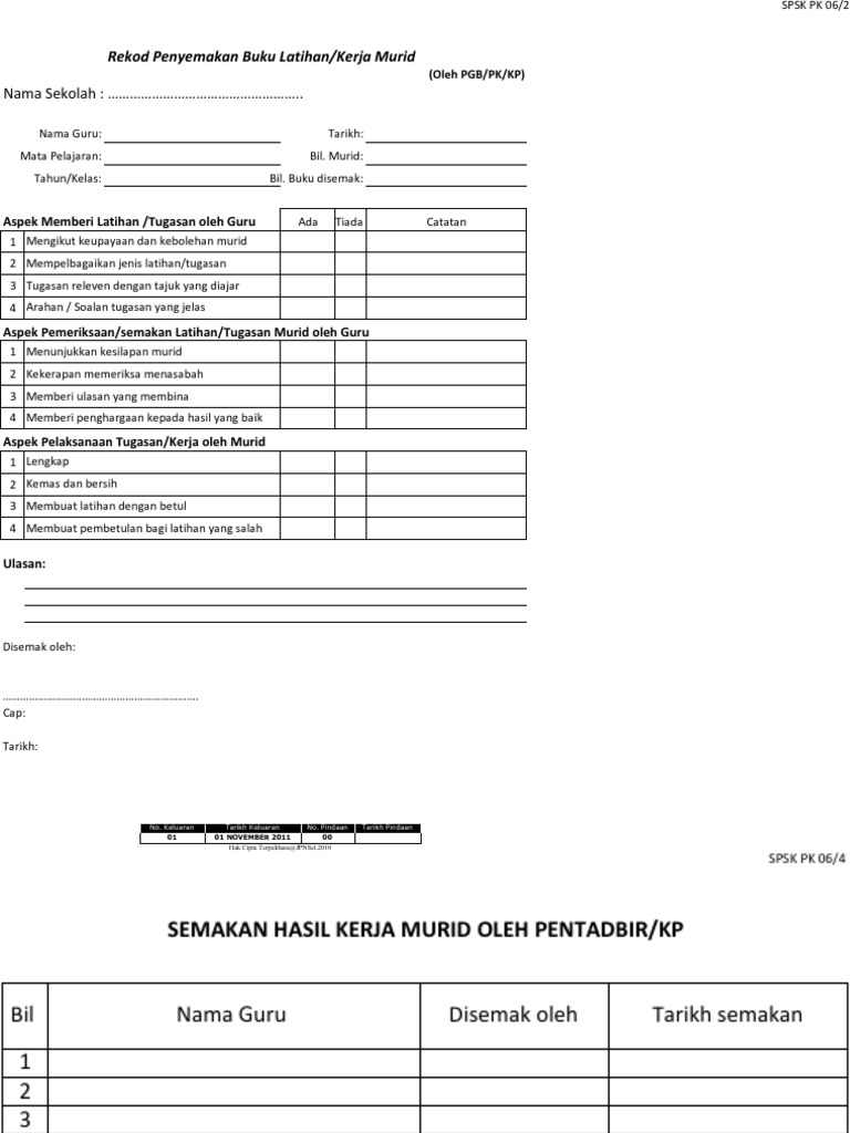 Borang Penyemakan Buku Latihan Murid - Animal Garden Niigata