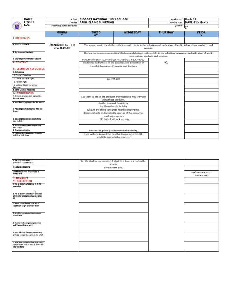 Grade 10 MAPEH Daily Lesson Log | PDF | Learning | Career & Growth