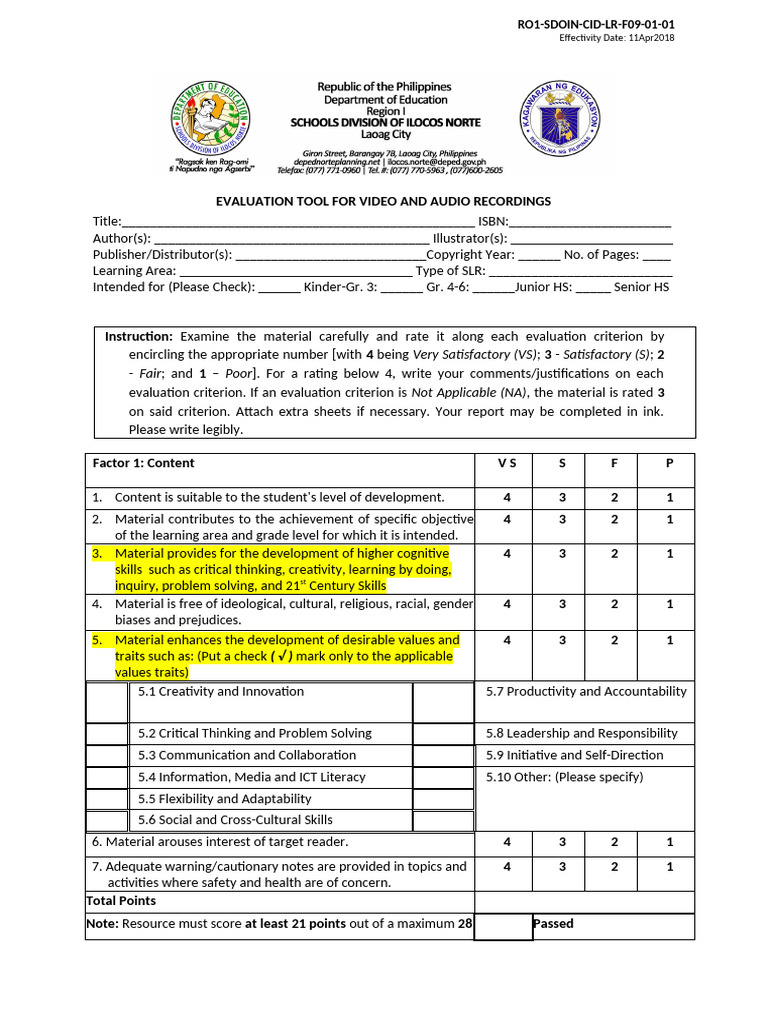 LR F09 Evaluation Tool For Video and Audio Recordings | PDF | Critical ...