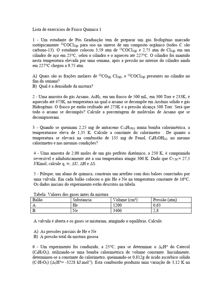 Exercícios de Físico Química 1 | PDF | Gases | Ciências e Matemática
