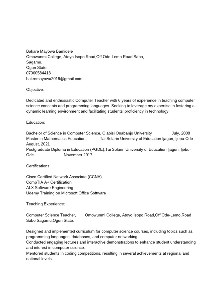 Computer teacher cv pdf