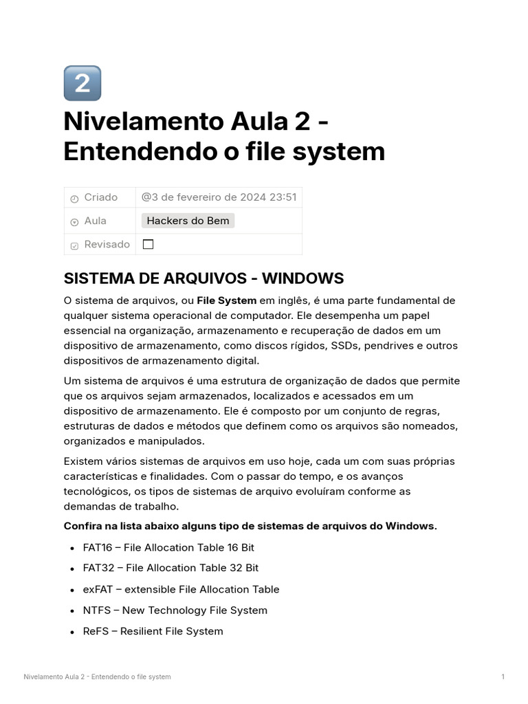 Nivelamento Aula 2 - Entendendo o File System | PDF